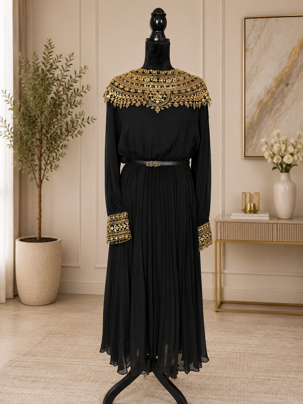 Elegant Black Midi Dress with Gold Embellishments ✨