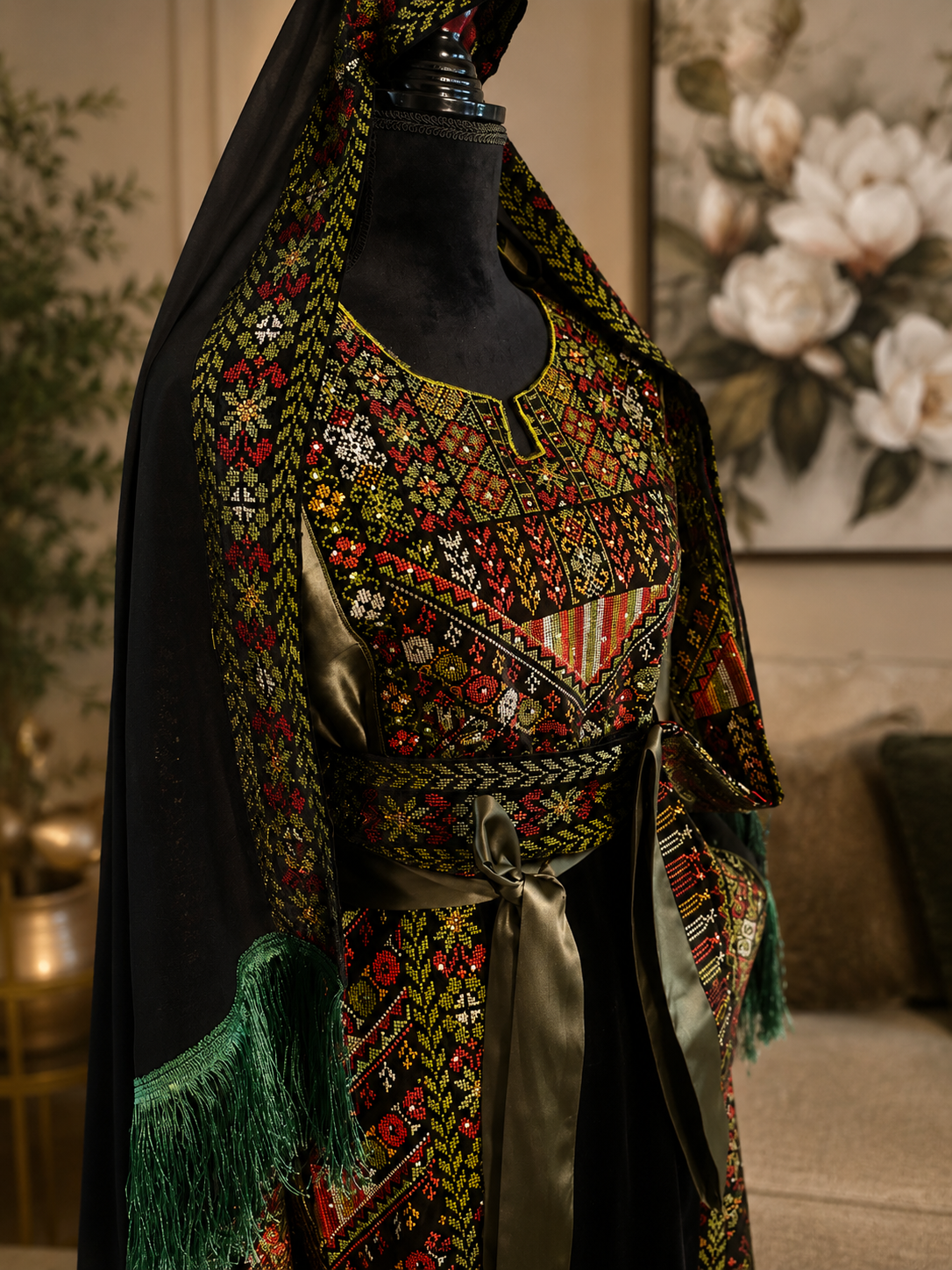 Authentic Palestinian thobe in a beautiful shimmering green color with elegant traditional embroidery and cool velvet fabric. Worn once only, in perfect condition with no flaws.

* Size: 3
* Original price: $250