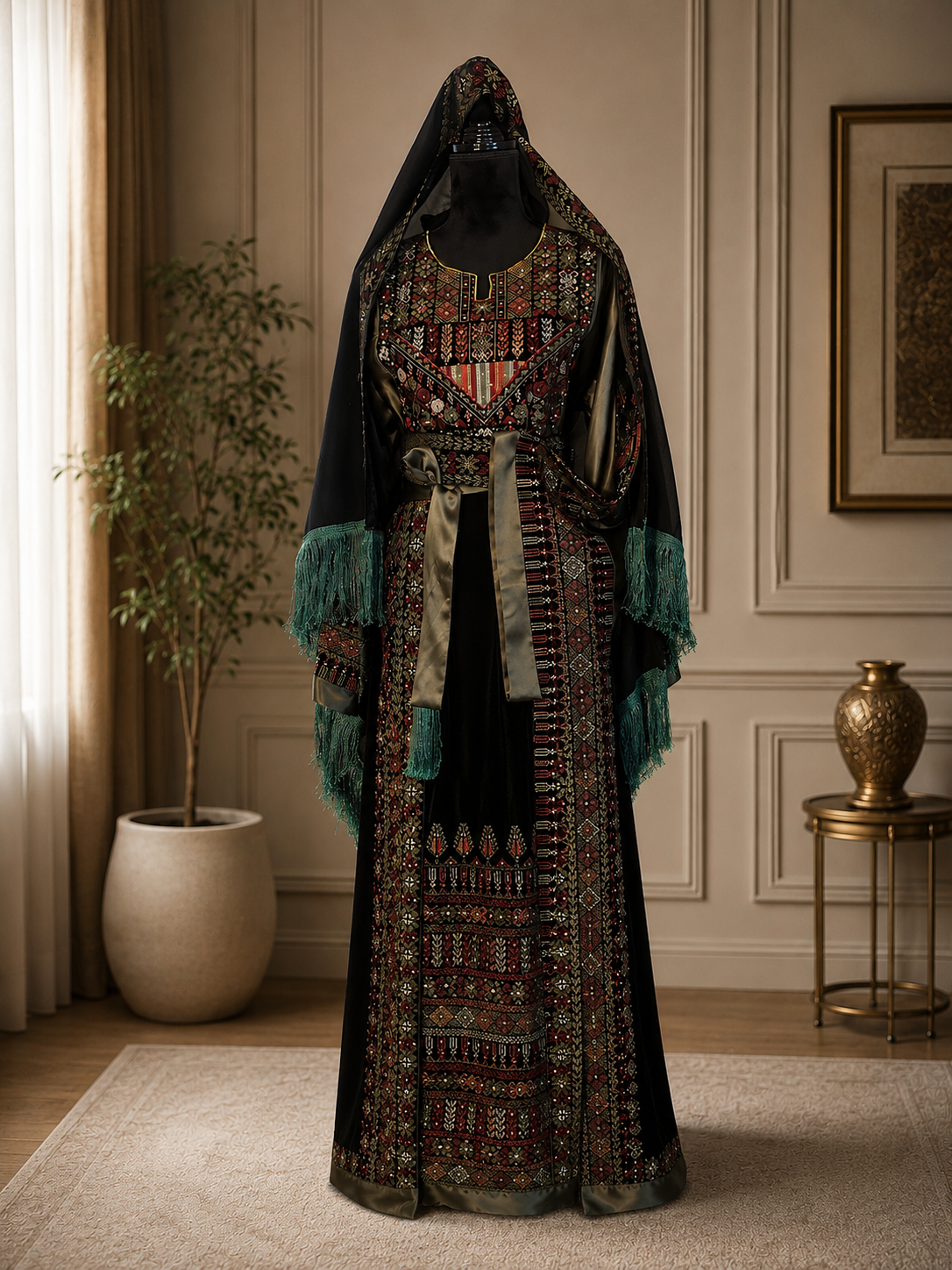 Authentic Palestinian thobe in a beautiful shimmering green color with elegant traditional embroidery and cool velvet fabric. Worn once only, in perfect condition with no flaws.

* Size: 3
* Original price: $250