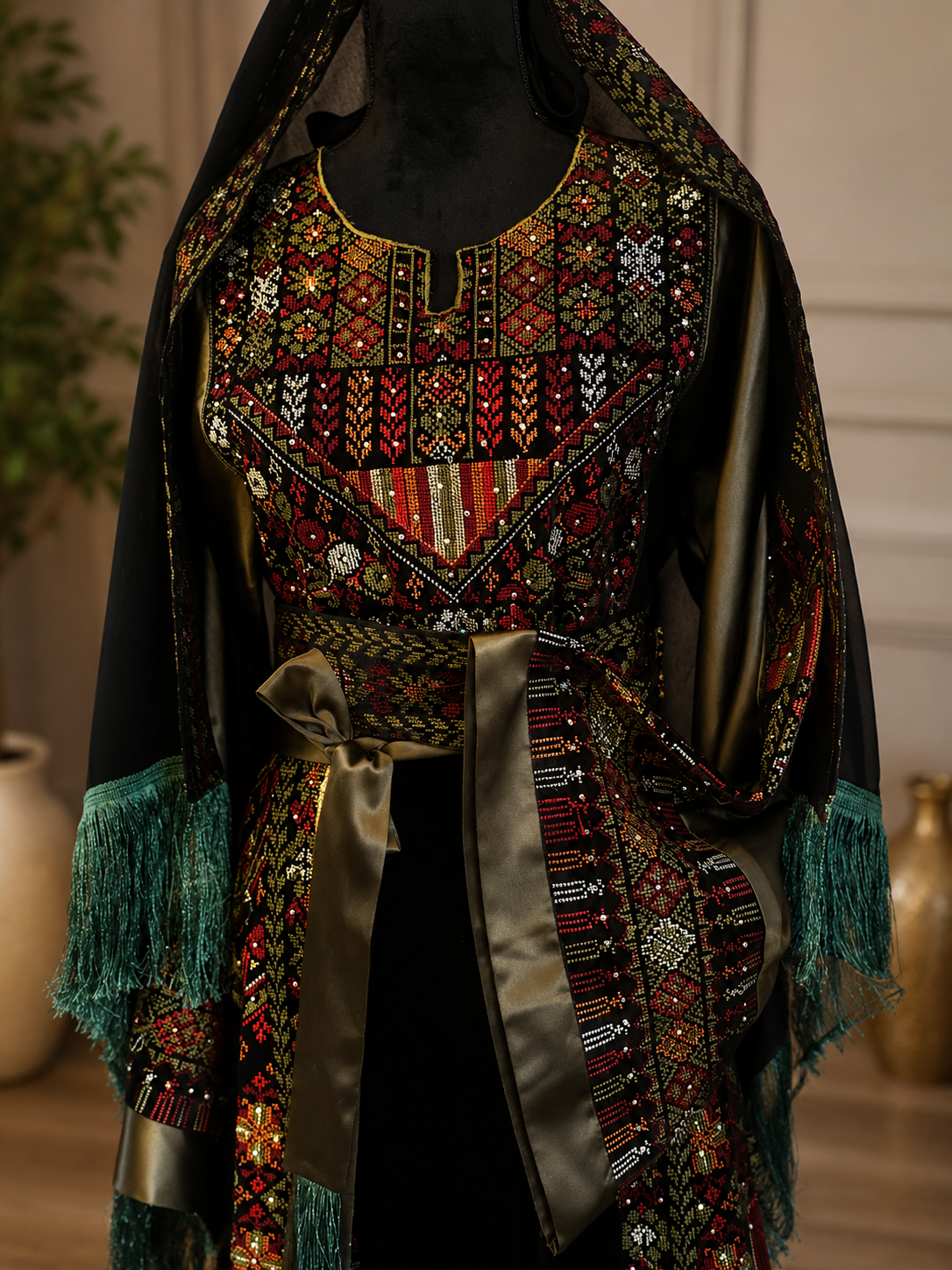 Authentic Palestinian thobe in a beautiful shimmering green color with elegant traditional embroidery and cool velvet fabric. Worn once only, in perfect condition with no flaws.

* Size: 3
* Original price: $250