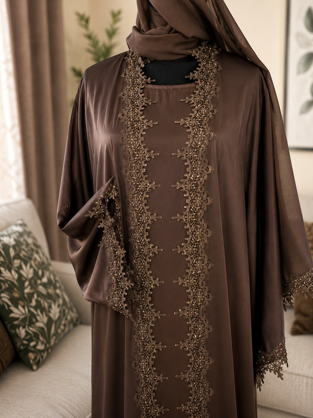 🤎 3-Piece Brown Abaya Set