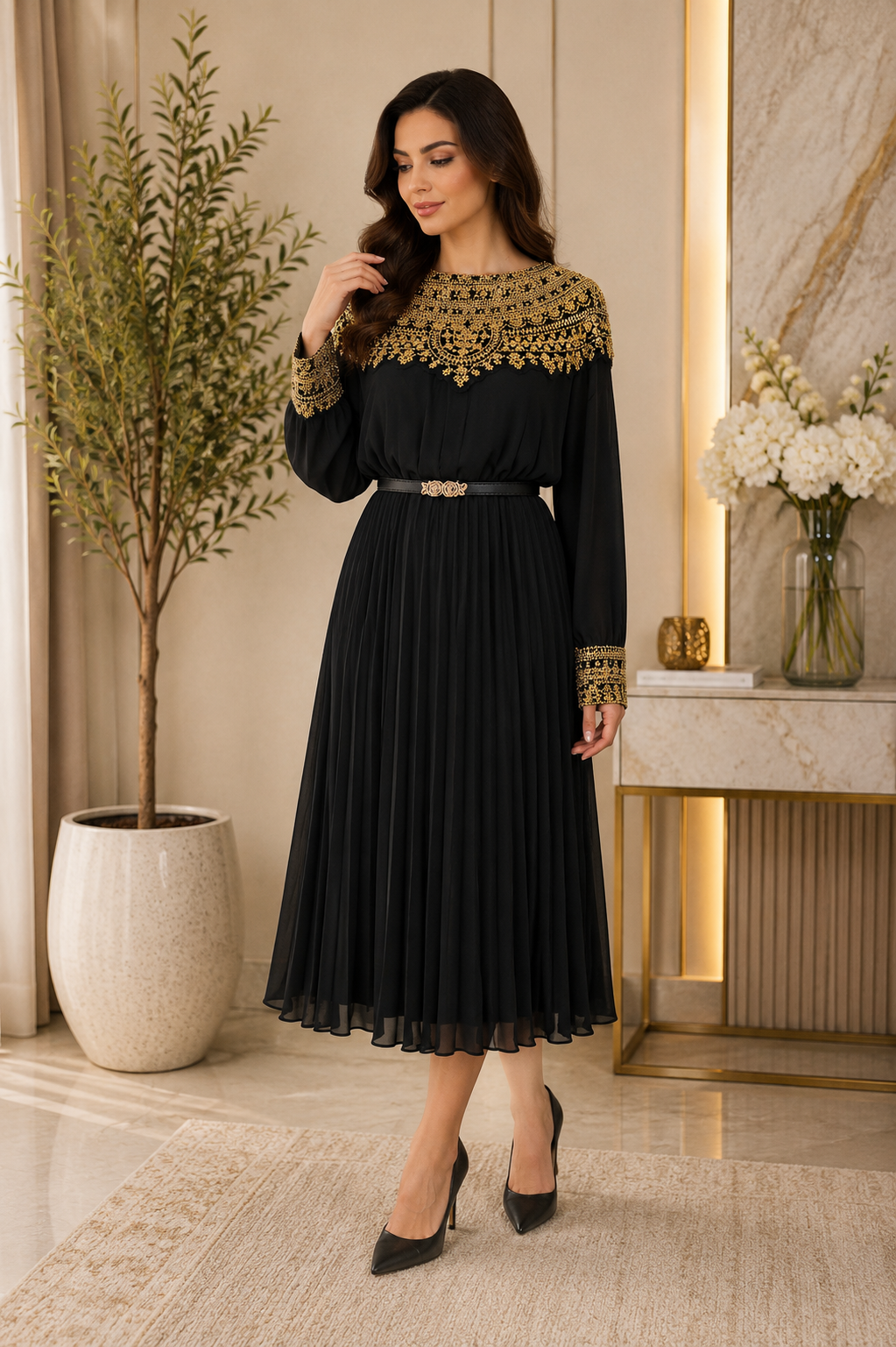 Elegant Black Midi Dress with Gold Embellishments ✨
