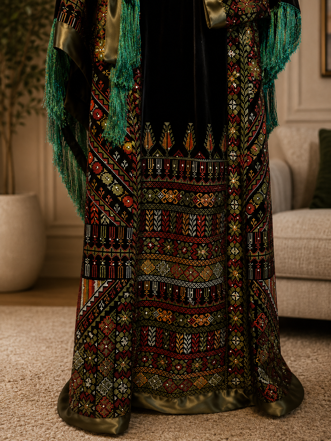 Authentic Palestinian thobe in a beautiful shimmering green color with elegant traditional embroidery and cool velvet fabric. Worn once only, in perfect condition with no flaws.

* Size: 3
* Original price: $250