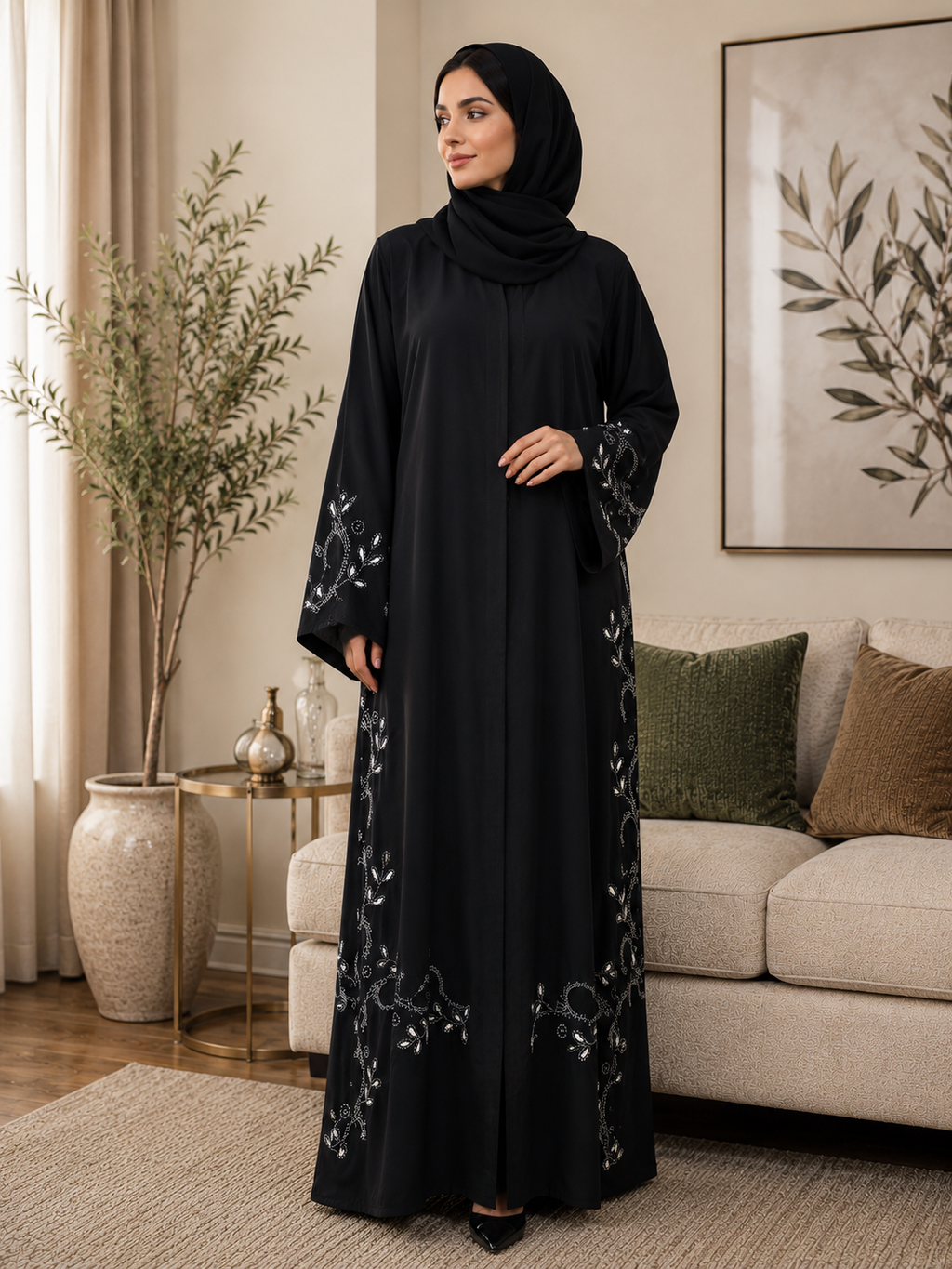 2-Piece Elegant Black Open Abaya