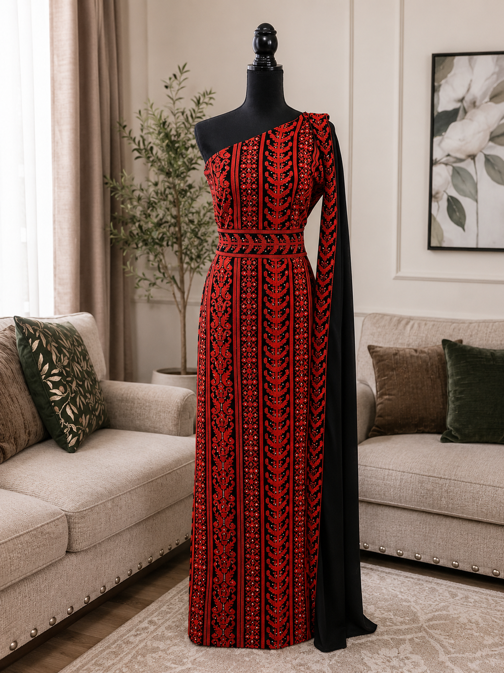 Modern Palestinian off-shoulder dress with elegant traditional embroidery and a unique contemporary design.  
Worn only once and in excellent condition — no flaws or defects.  

Size: Small
