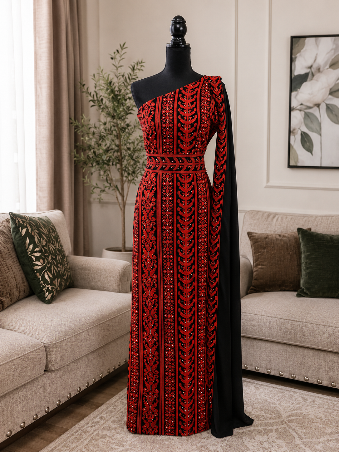 Modern Palestinian off-shoulder dress with elegant traditional embroidery and a unique contemporary design.  
Worn only once and in excellent condition — no flaws or defects.  

Size: Small