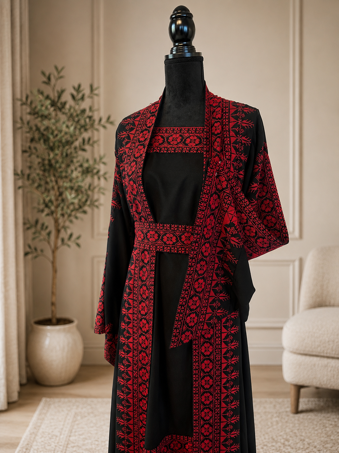 Elegant embroidered black dress set with red detailing.  
Worn only once and in excellent condition — no flaws or defects.  

Original price: $170