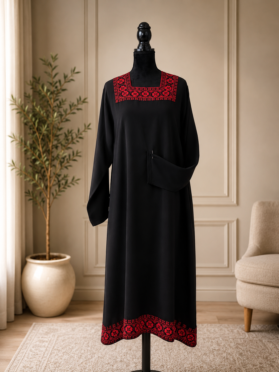 Elegant embroidered black dress set with red detailing.  
Worn only once and in excellent condition — no flaws or defects.  

Original price: $170