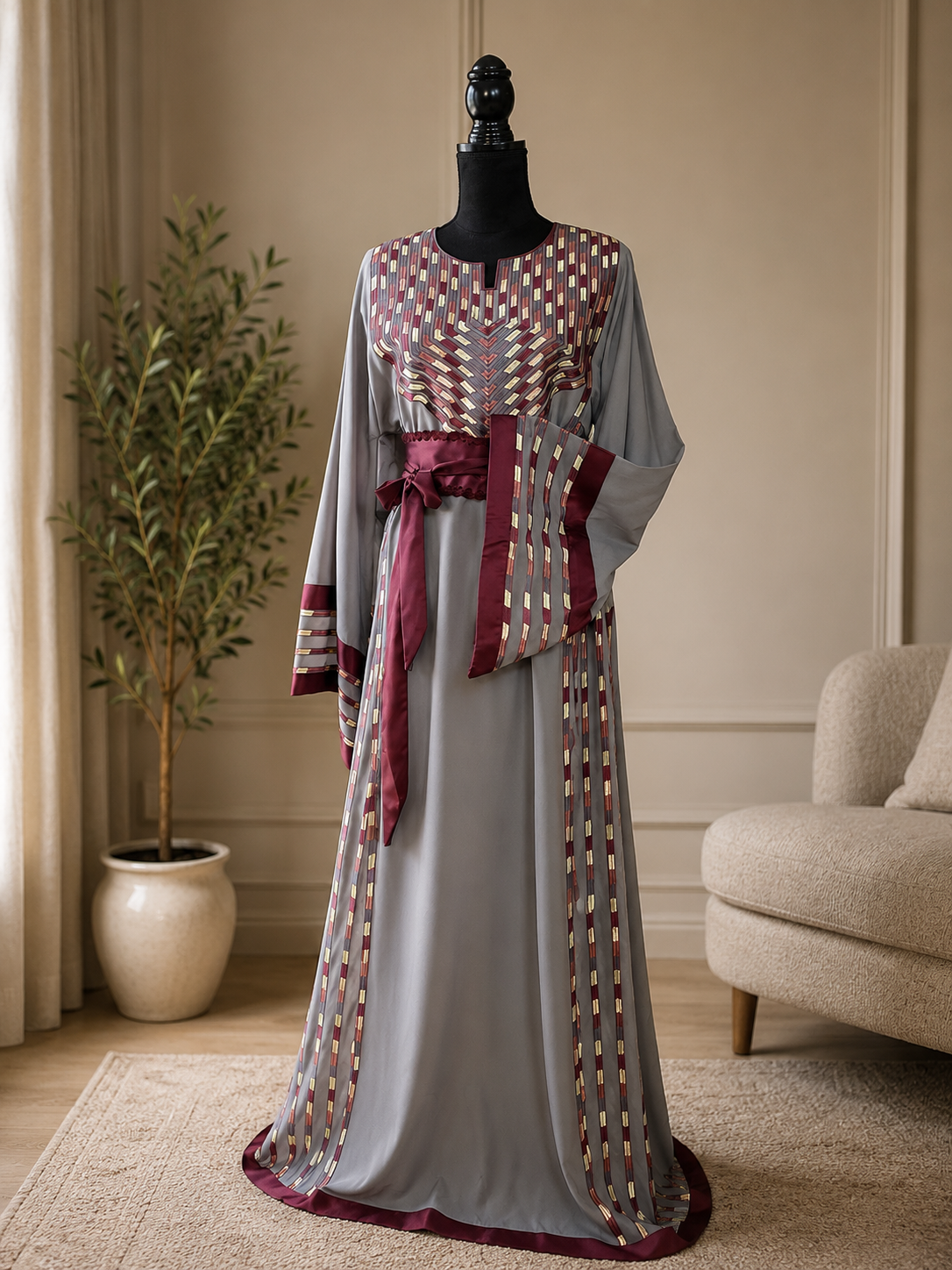 Elegant gray embroidered dress with burgundy satin details.  
Worn only once and in excellent condition — no flaws or defects.  

Original price: $180  
Size: 3