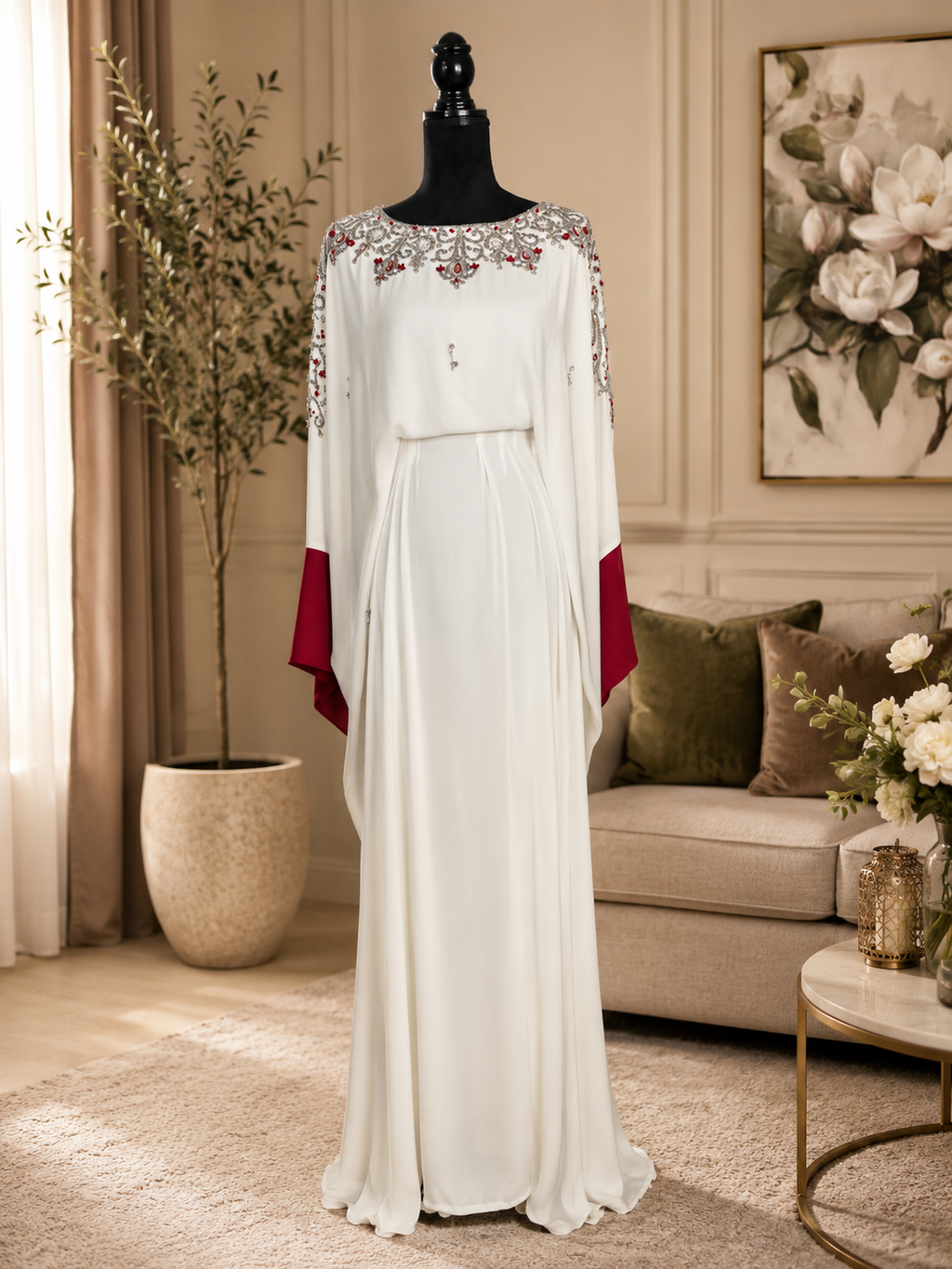 NEW! Elegant white abaya with silver and red embellishments and flowing sleeves