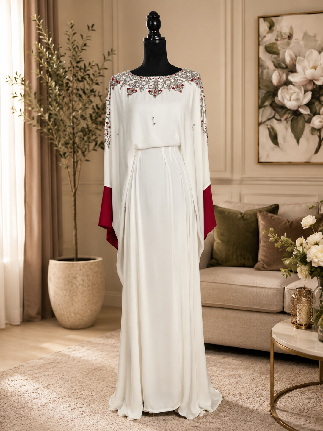 NEW! Elegant white abaya with silver and red embellishments and flowing sleeves
