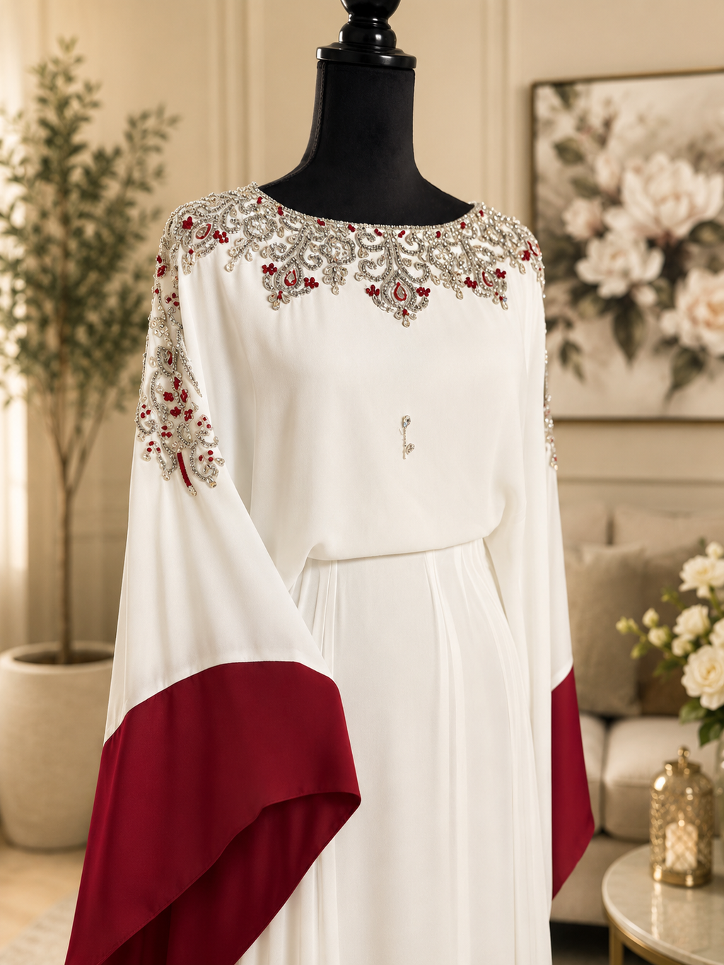 NEW! Elegant white abaya with silver and red embellishments and flowing sleeves