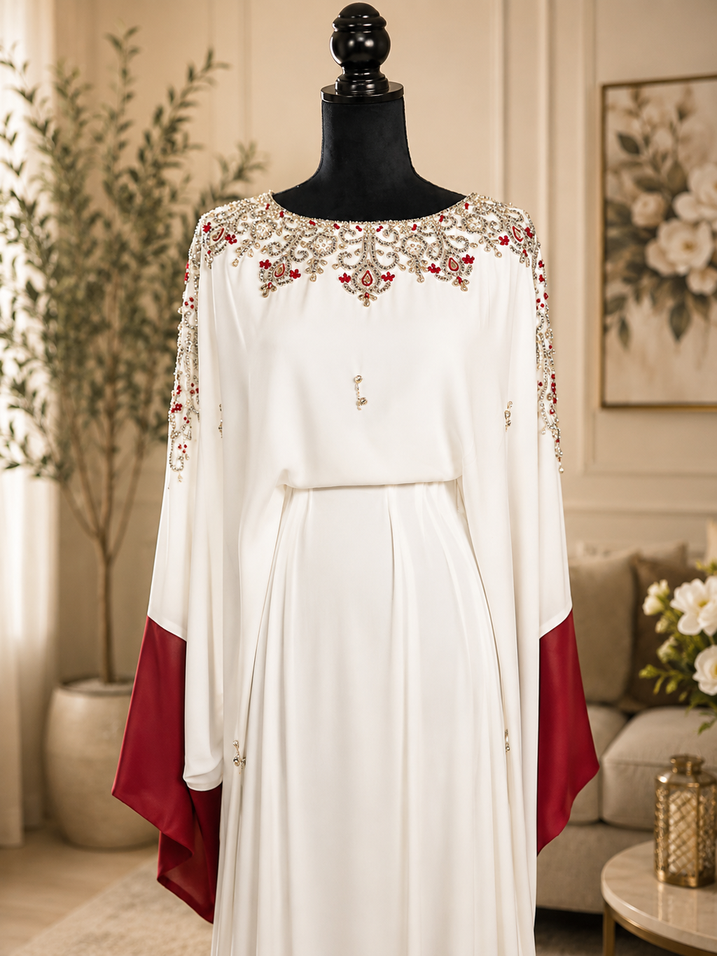 NEW! Elegant white abaya with silver and red embellishments and flowing sleeves