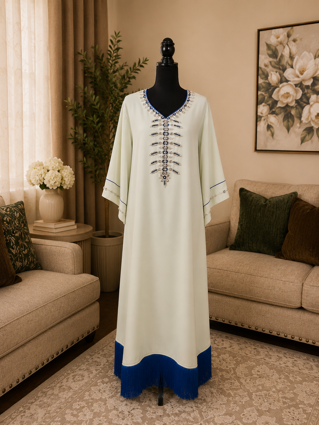 NEW! Light blue kaftan with elegant silver and blue hand-beaded details. ✨