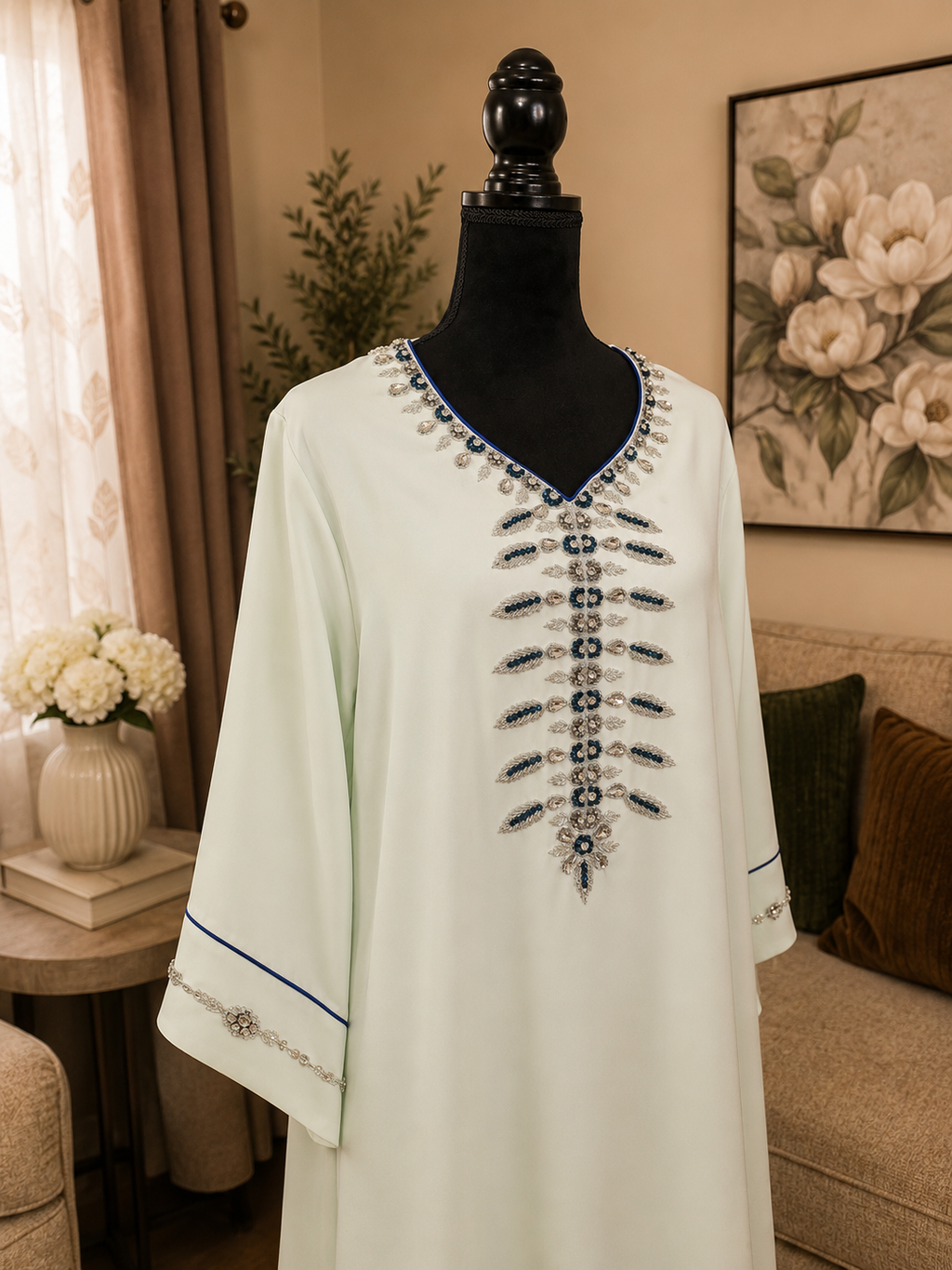 NEW! Light blue kaftan with elegant silver and blue hand-beaded details. ✨
