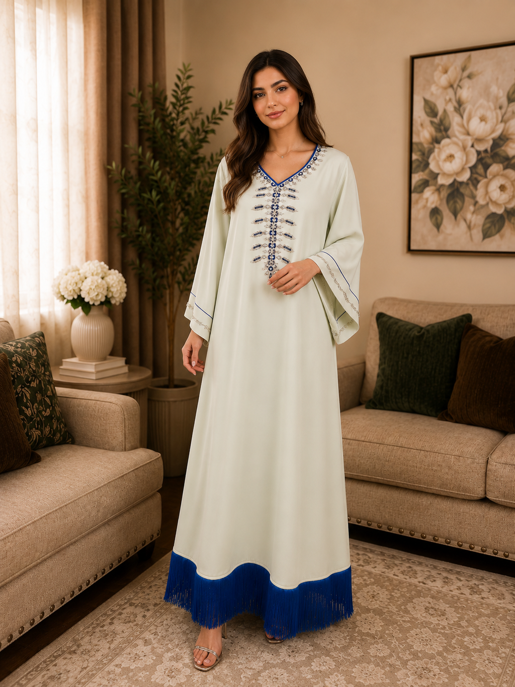 NEW! Light blue kaftan with elegant silver and blue hand-beaded details. ✨