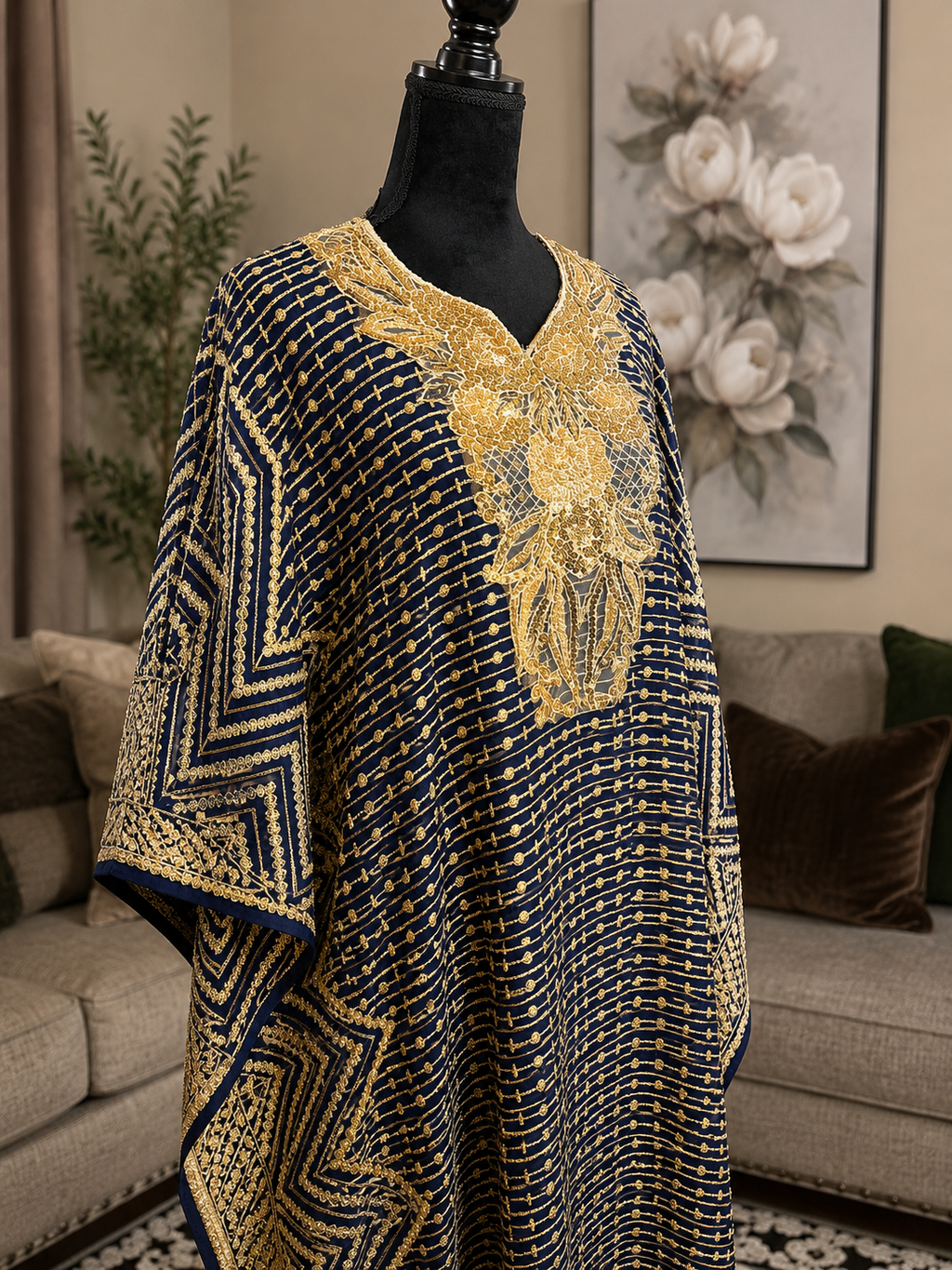 Navy blue kaftan with luxurious gold embroidery and embellishments. ✨