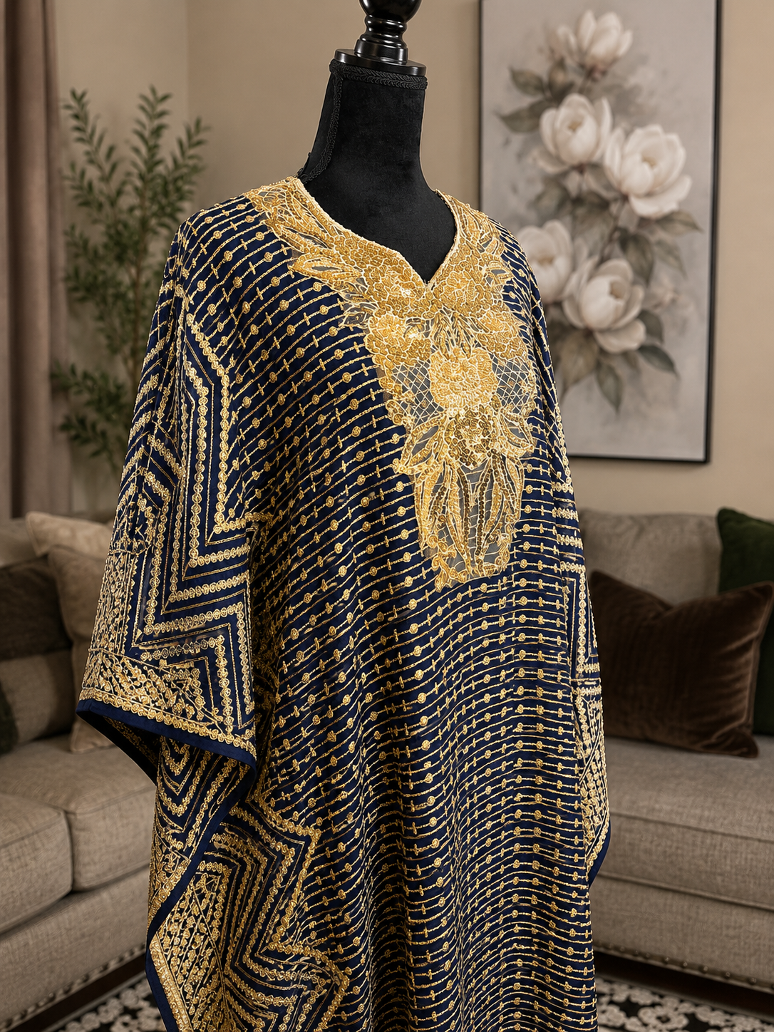 Navy blue kaftan with luxurious gold embroidery and embellishments. ✨
