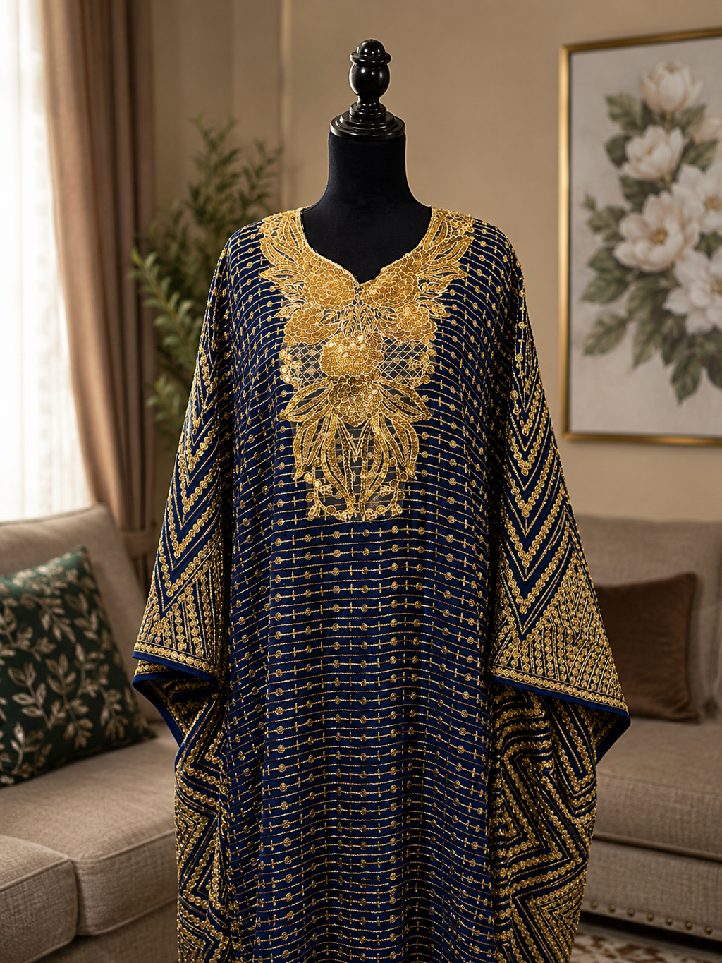 Navy blue kaftan with luxurious gold embroidery and embellishments. ✨