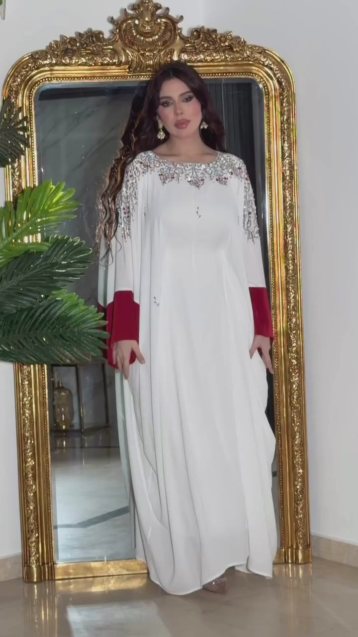 NEW! Elegant white abaya with silver and red embellishments and flowing sleeves