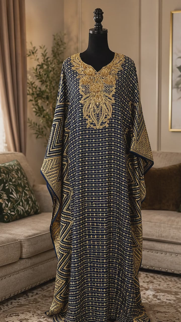 Navy blue kaftan with luxurious gold embroidery and embellishments. ✨